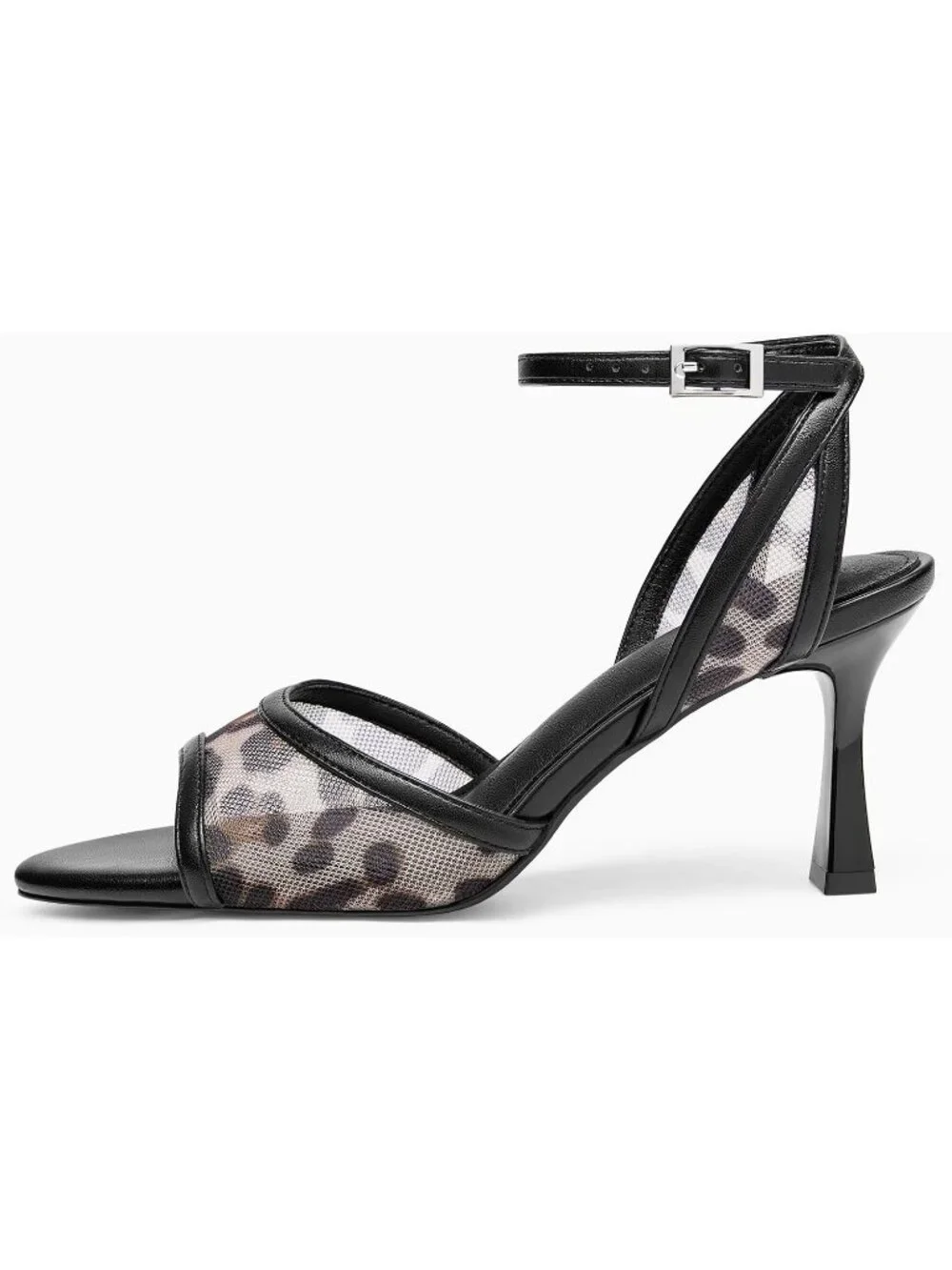 Women's Mesh Leopard Summer Pointed Open Toe Ankle Buckle Strap Heeled Sandals